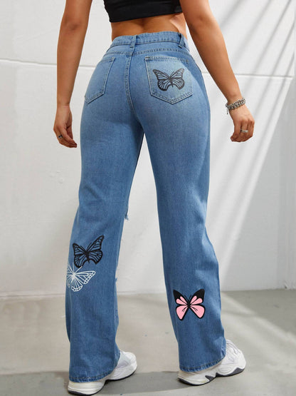 Butterfly High-Rise Denim – Ripped Straight-Leg Jeans