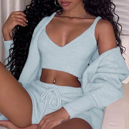 SereneEssentials™ Velvet Pajama Set – 3pc Crop Top & Drawstring Shorts
