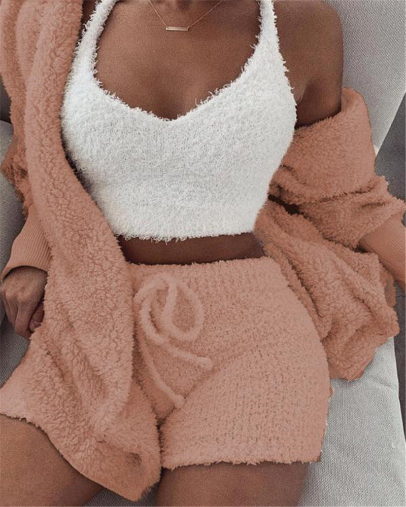 SereneEssentials™ Velvet Pajama Set – 3pc Crop Top & Drawstring Shorts