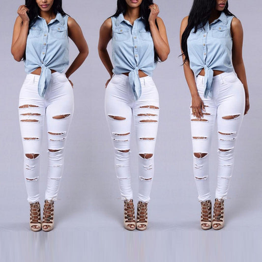 Women's High-Waist Ripped Skinny Jeans – Stretch Denim Pencil Fit