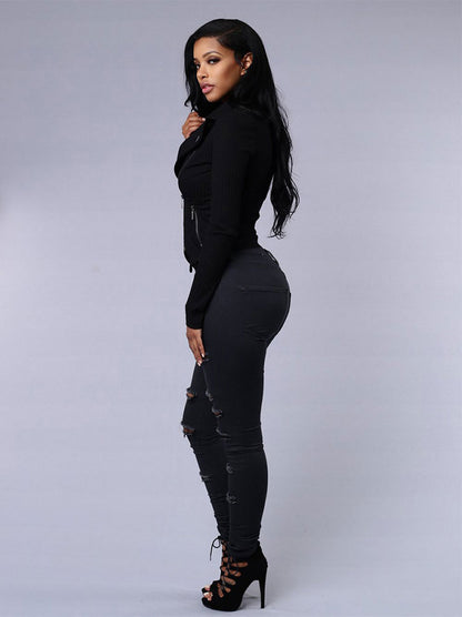 Women's High-Waist Ripped Skinny Jeans – Stretch Denim Pencil Fit
