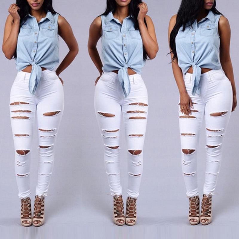 Women's High-Waist Ripped Skinny Jeans – Stretch Denim Pencil Fit