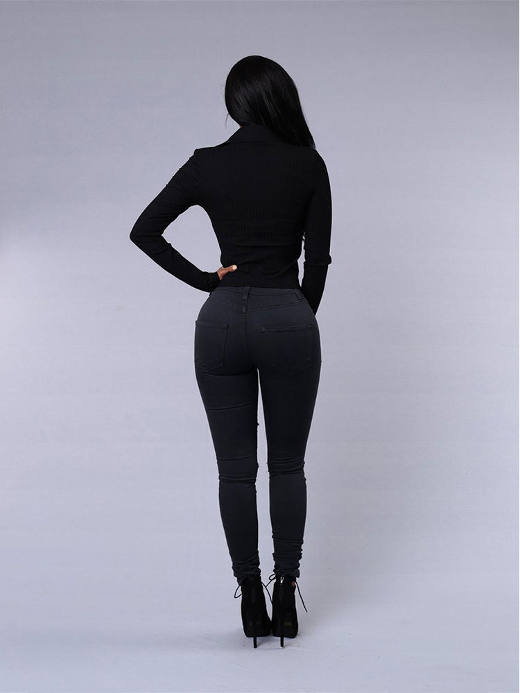 Women's High-Waist Ripped Skinny Jeans – Stretch Denim Pencil Fit