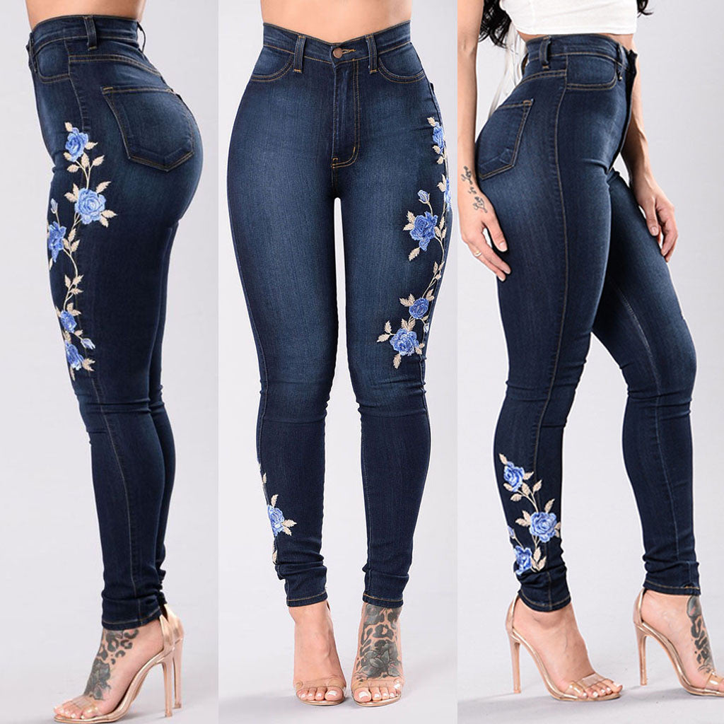Women's Embroidered Denim Jeans – Mid-Rise Straight Leg Fit