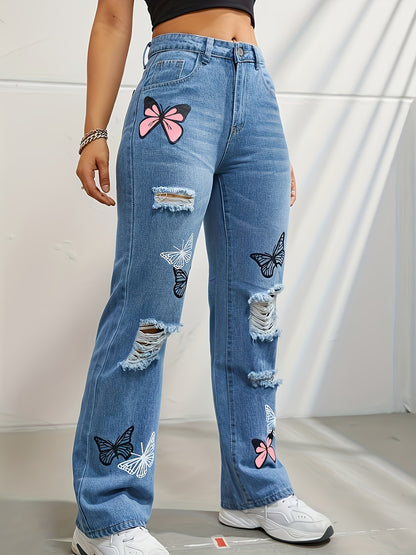 Butterfly High-Rise Denim – Ripped Straight-Leg Jeans