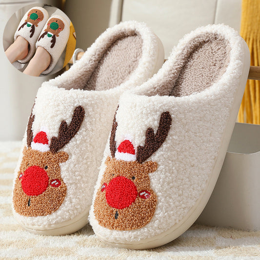 Elk Christmas Slippers – Warm Cozy Slip-Ons for Winter at Home