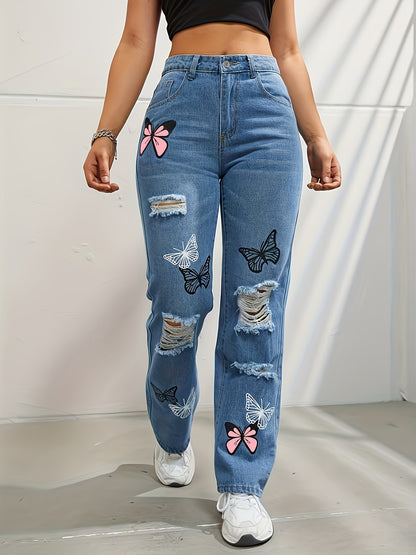 Butterfly High-Rise Denim – Ripped Straight-Leg Jeans