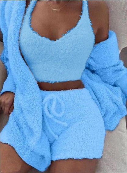 SereneEssentials™ Velvet Pajama Set – 3pc Crop Top & Drawstring Shorts