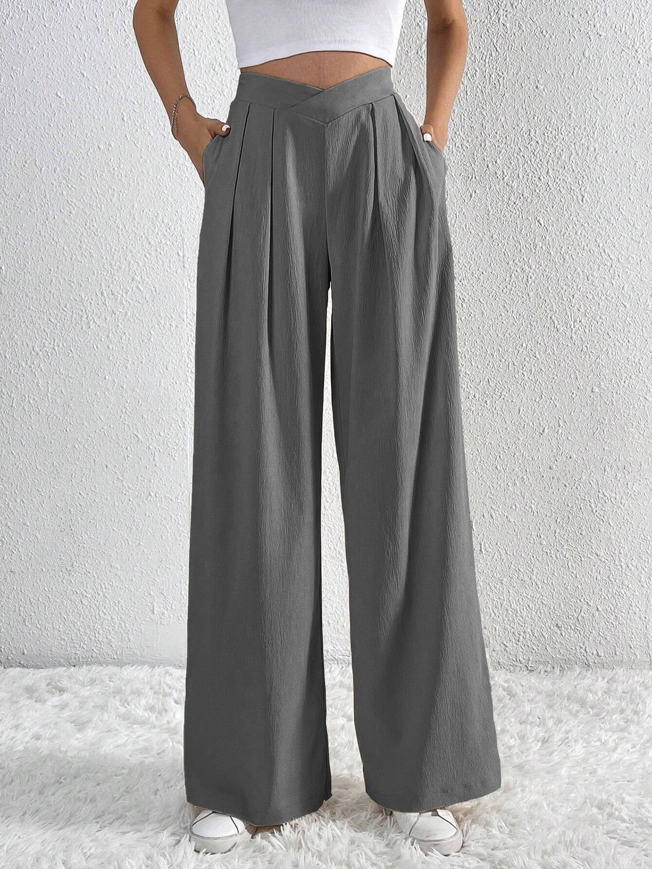 Women's Solid Pleated Wide-Leg Pants – Lightweight & Versatile