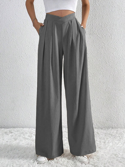 Women's Solid Pleated Wide-Leg Pants – Lightweight & Versatile