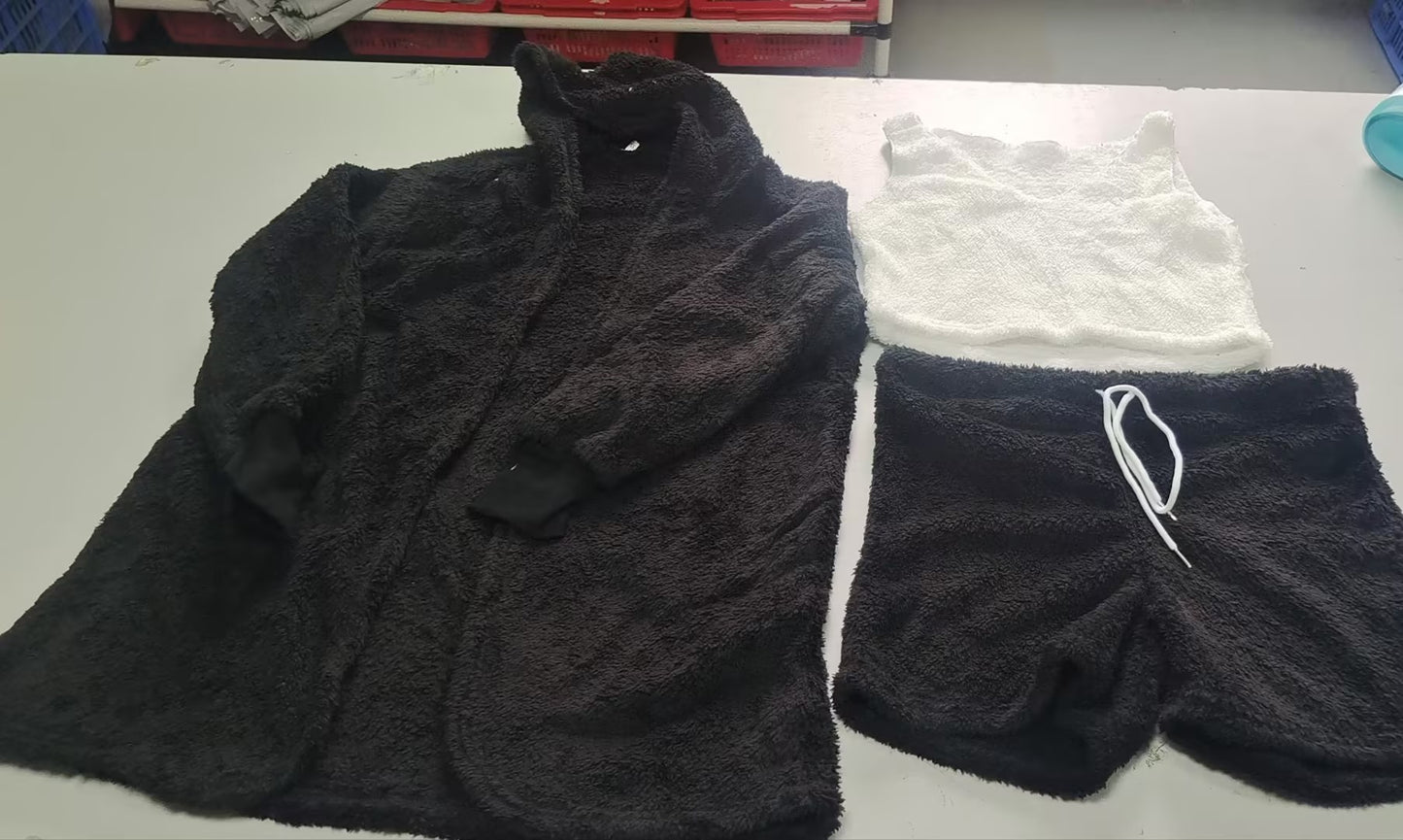 SereneEssentials™ Velvet Pajama Set – 3pc Crop Top & Drawstring Shorts