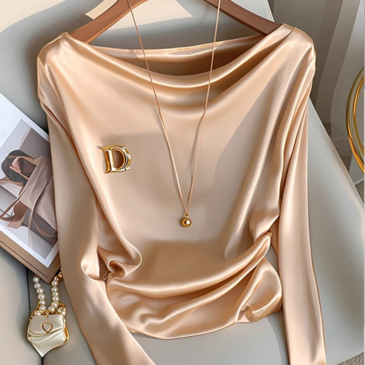 Champagne Satin Swing-Collar Blouse – Elegant Innerwear for Women
