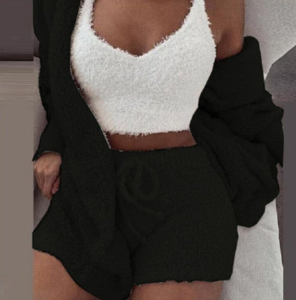 SereneEssentials™ Velvet Pajama Set – 3pc Crop Top & Drawstring Shorts