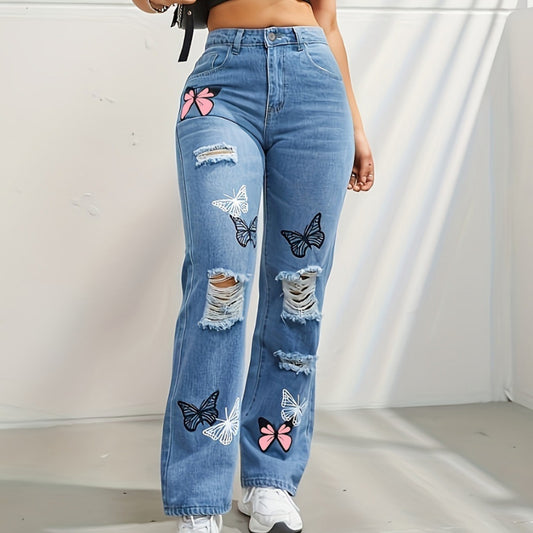 Butterfly High-Rise Denim – Ripped Straight-Leg Jeans