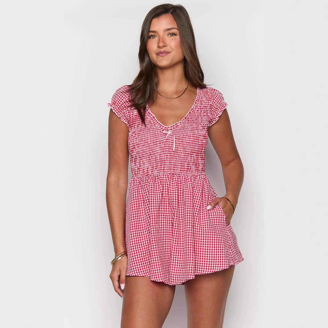 Ruffles Slim-fit Women's Plaid Jumpsuit