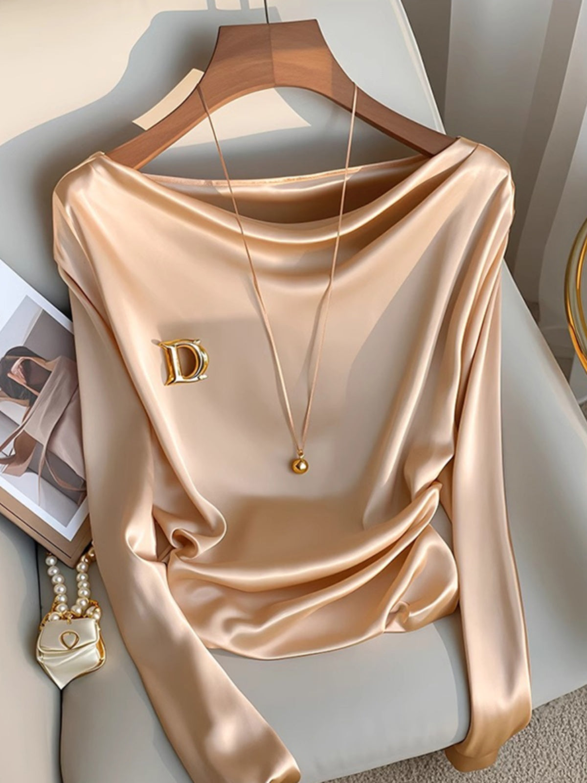 Champagne Satin Swing-Collar Blouse – Elegant Innerwear for Women