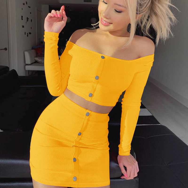 Serene Allure Off-Shoulder Skirt Set – Lantern Sleeve Knit Top & Bodycon Mini Skirt