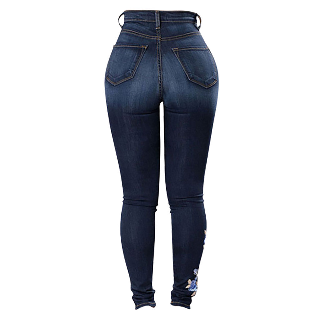 Women's Embroidered Denim Jeans – Mid-Rise Straight Leg Fit