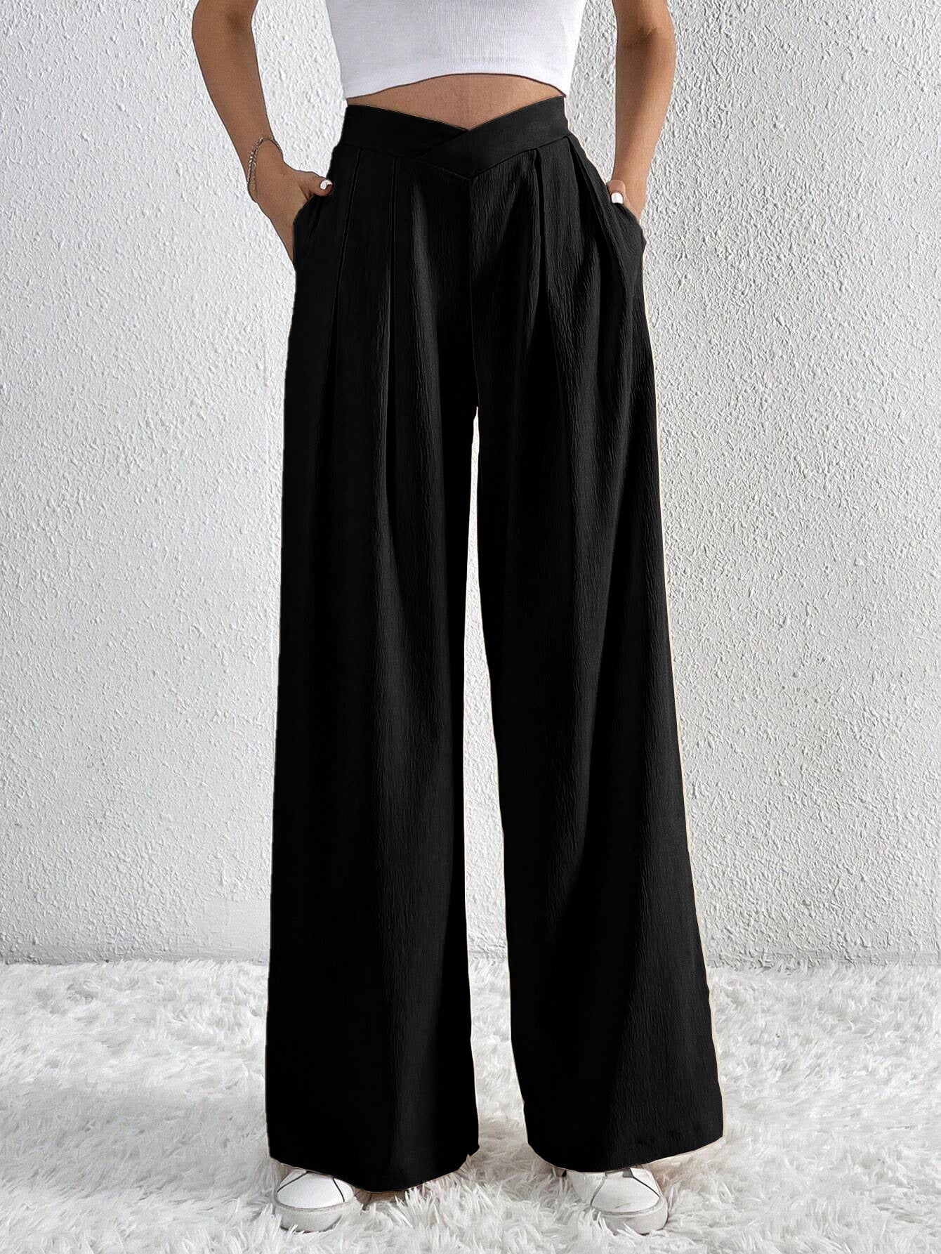 Women's Solid Pleated Wide-Leg Pants – Lightweight & Versatile