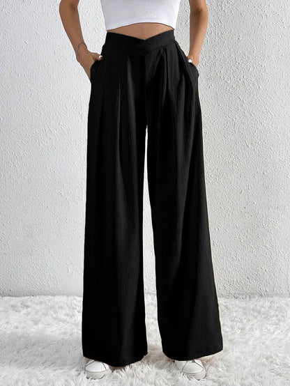 Women's Solid Pleated Wide-Leg Pants – Lightweight & Versatile