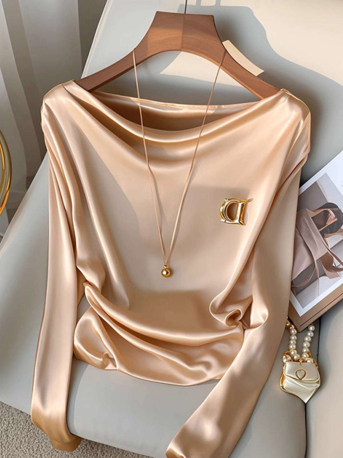 Champagne Satin Swing-Collar Blouse – Elegant Innerwear for Women