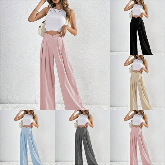 Women's Solid Pleated Wide-Leg Pants – Lightweight & Versatile