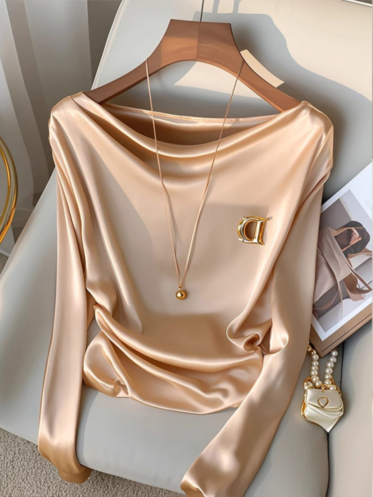 Champagne Satin Swing-Collar Blouse – Elegant Innerwear for Women