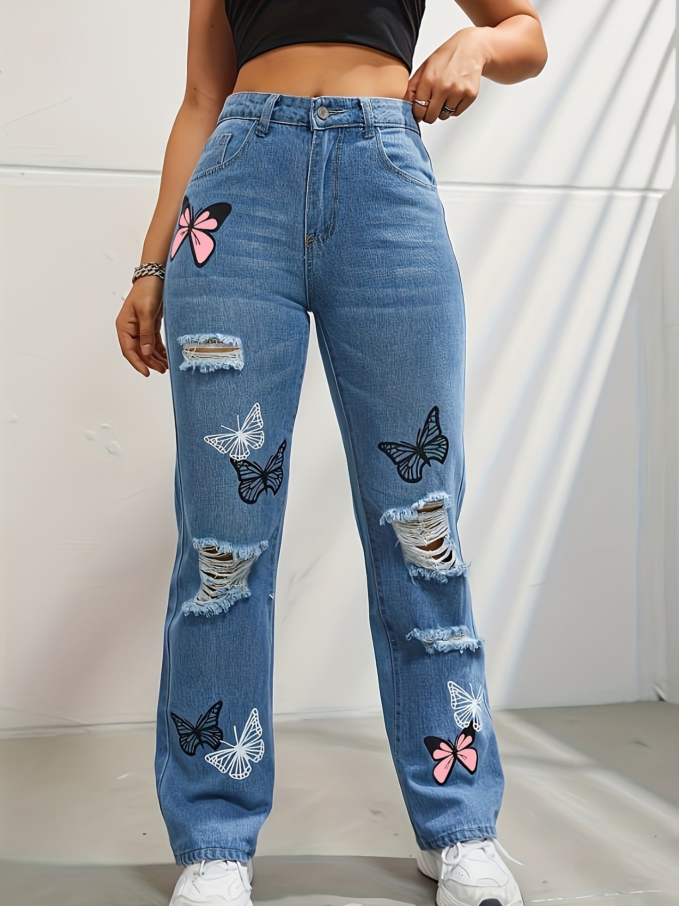 Butterfly High-Rise Denim – Ripped Straight-Leg Jeans