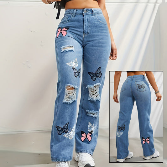 Butterfly High-Rise Denim – Ripped Straight-Leg Jeans